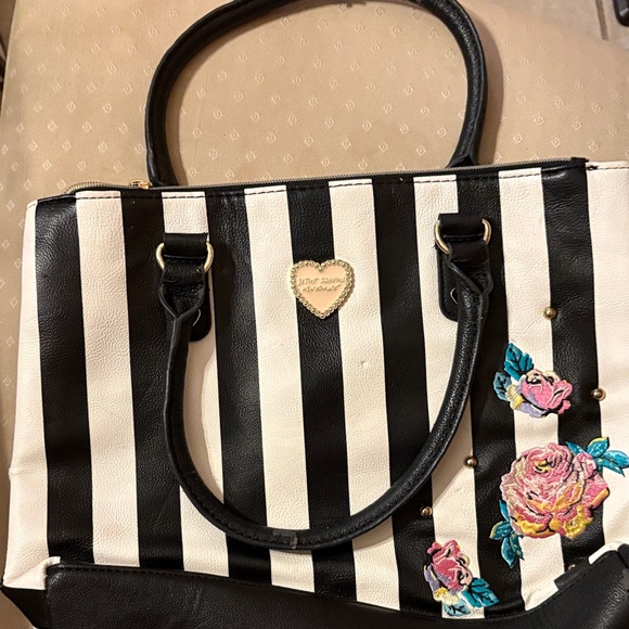 Betsey Johnson Handbags - Betsey Johnson Black and White Striped Tote with Floral Accents